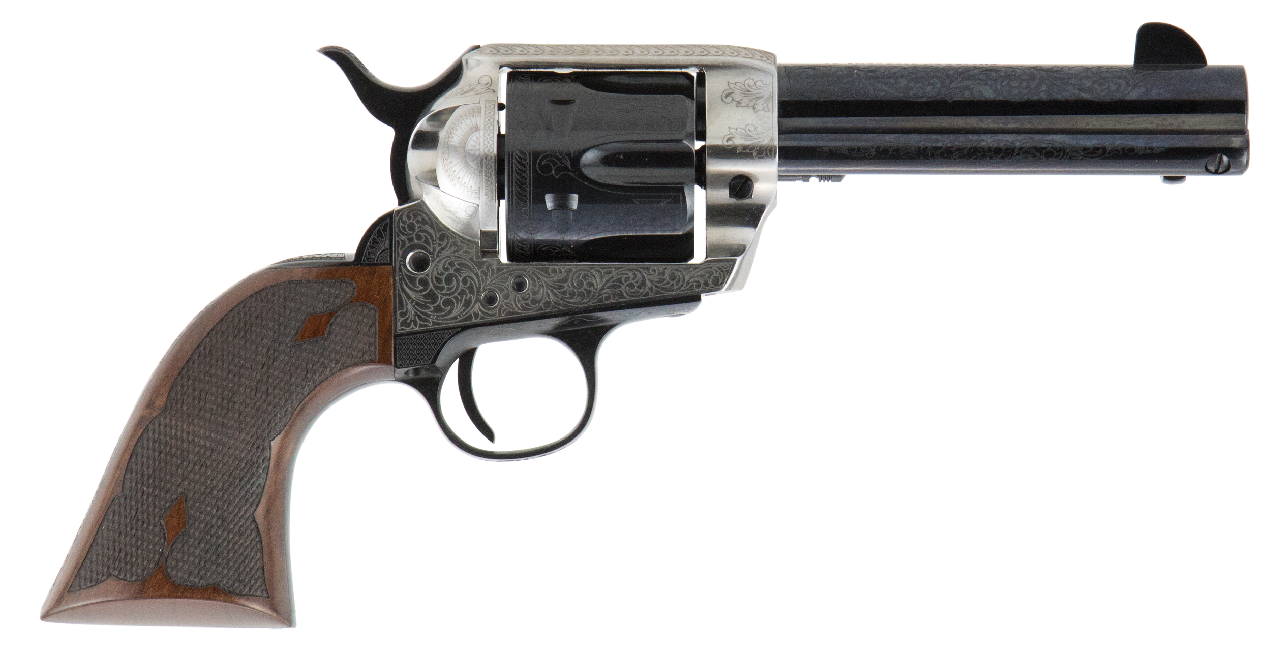 Cimarron PP410LSFW Frontier Pre-War 1896-1940 45 Colt (LC) 6 Shot, 4.75" Blued Steel Barrel, Blued Cylinder, Old Silver Engraved Steel Frame, Checkered Walnut Grip, Exposed Hammer