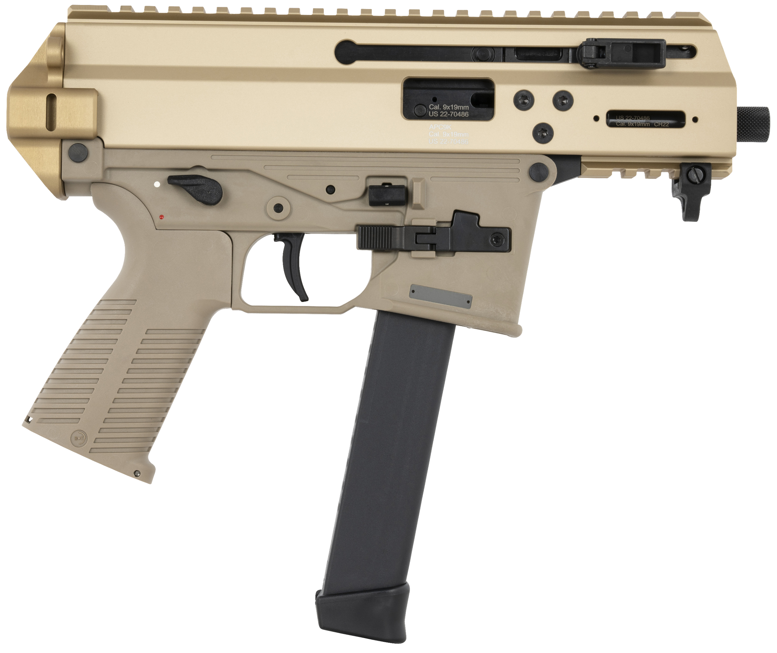 B&T Firearms 36176502GCT APC9K  9mm Luger 33+1 4.30" Black Steel Barrel, Coyote Tan Picatinny Rail Receiver, Brace Adapter, Coyote Polymer Grips, Ambidextrous