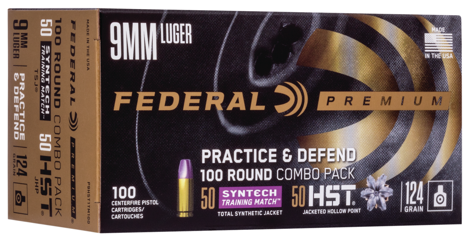Federal P9HST1TM100 Premium Practice & Defend 9mmLuger 124gr HST JHP/Syntech TSJ 100 Per Box/5 Case