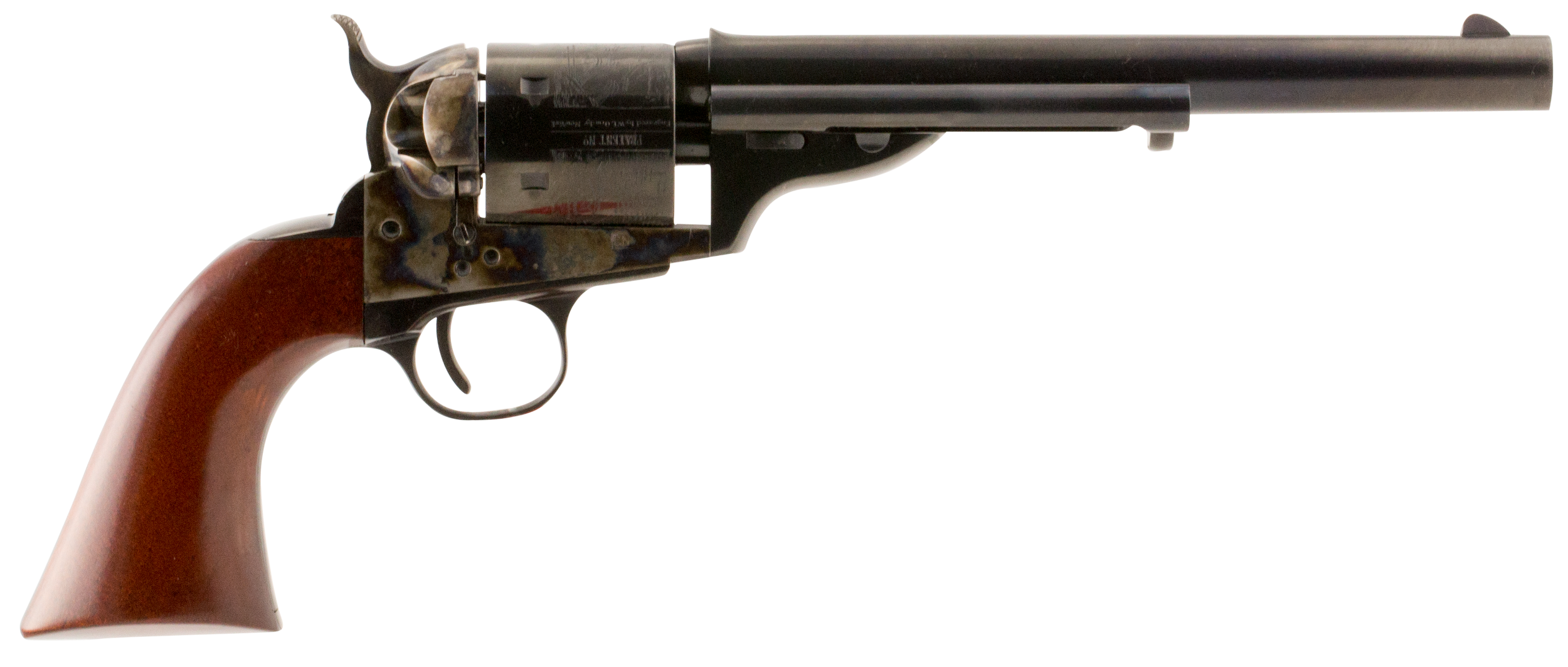 Taylors & Company 550695 1872 Open Top Uberti 38 Special 6 Shot 7.50" Blued Octagon Barrel, Blued Engraved Cylinder, Color Case Hardened Steel Frame, Walnut Army Style Grip, Exposed Hammer