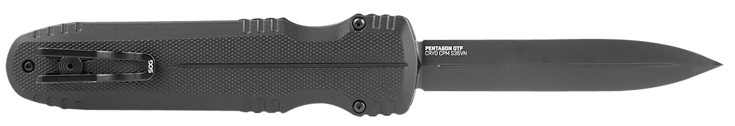 S.O.G SOG15610157 Pentagon 3.79" OTF Spear Point Plain Black TiNi Cryo CPM S35VN Steel Blade, Blackout Aluminum Handle