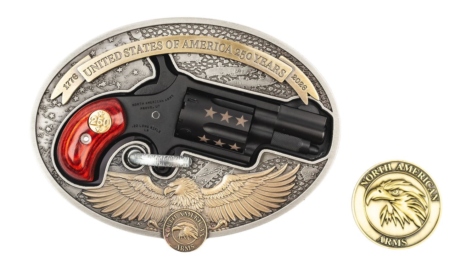 North American Arms 22LRBBO250 Mini-Revolver USA 250th Mini 22 LR 5 Shot 1.13" Black Cerakote Barrel, Black Cerakote w/Bronze Stars Cylinder, Black Cerakote Stainless Steel Frame, Rosewood Birds Head