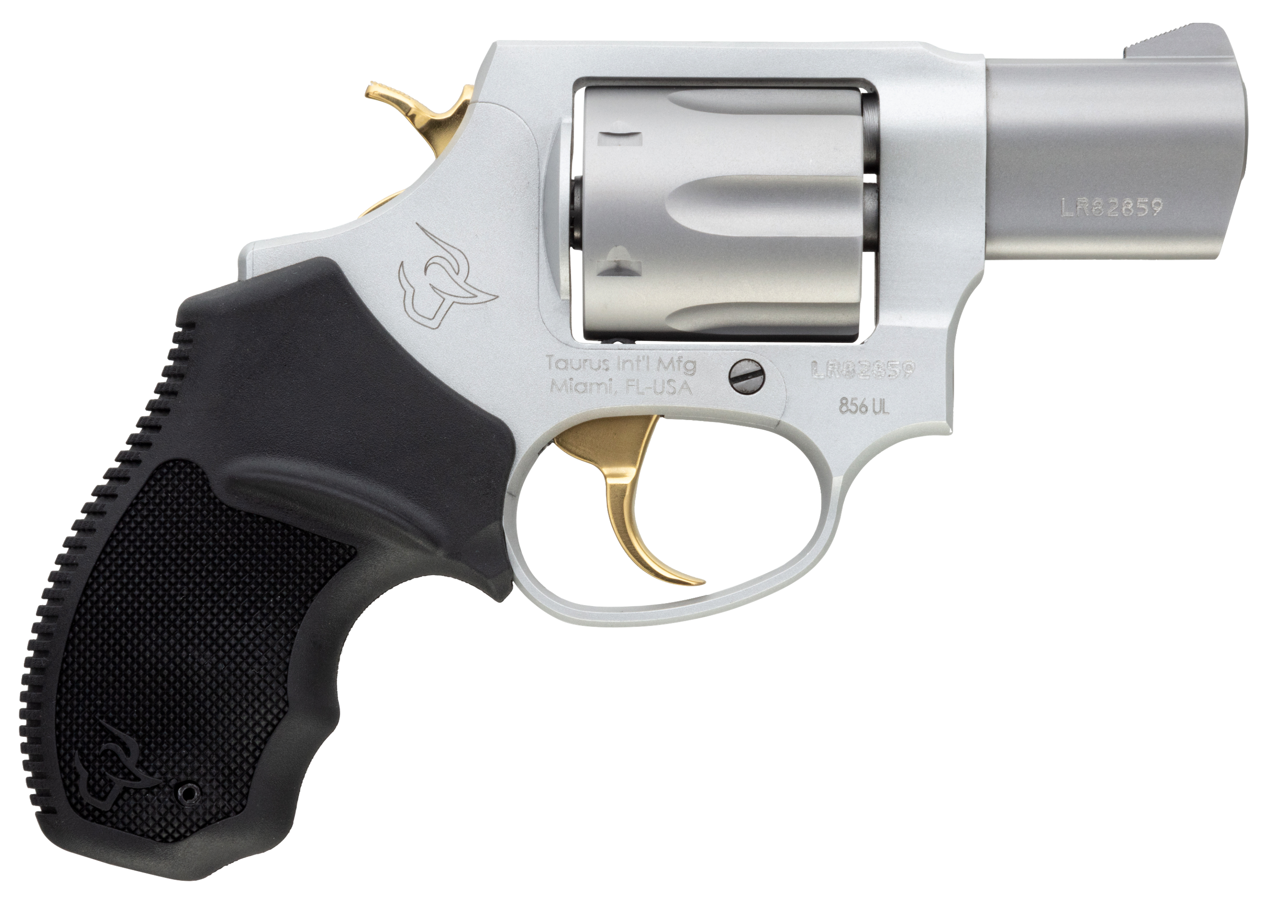 Taurus 2-856029ULGLD 856 Ultra-Lite Small 38 Special 6 Shot 2" Matte Stainless Steel Barrel, Cylinder & Frame, Gold Accents, Black Finger Grooved Rubber Grip, Transfer Bar Safety, Exposed Hammer