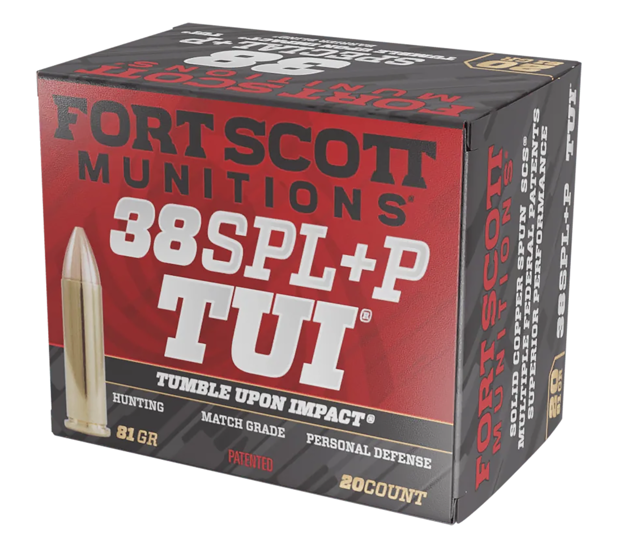 Fort Scott Munitions 38+P081SCV Tumble Upon Impact (TUI)  38Special+P 81gr Solid Copper Spun 20 Per Box/25 Case