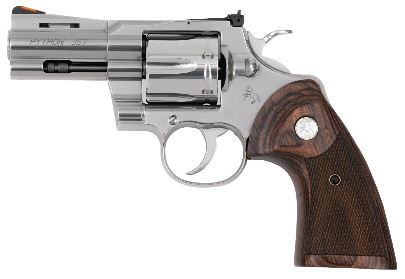 Colt Mfg PYTHONSP3WTS Python  38 Special 357 Mag 6 Shot 3" Stainless Recessed Target/Vent Rib Barrel, Cylinder  & Frame, Walnut w/Colt Medallion Grip