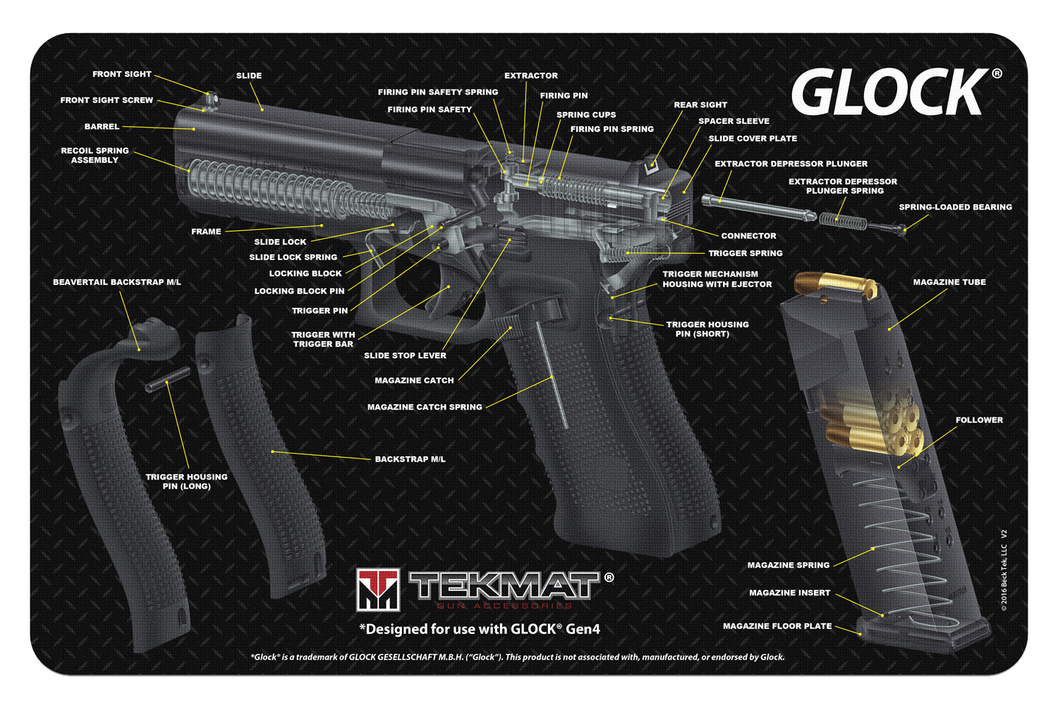 TekMat TEKR17GLOCKCA  Cleaning Mat Multi-Color Rubber 11"x17" Glock 3D Cutaway