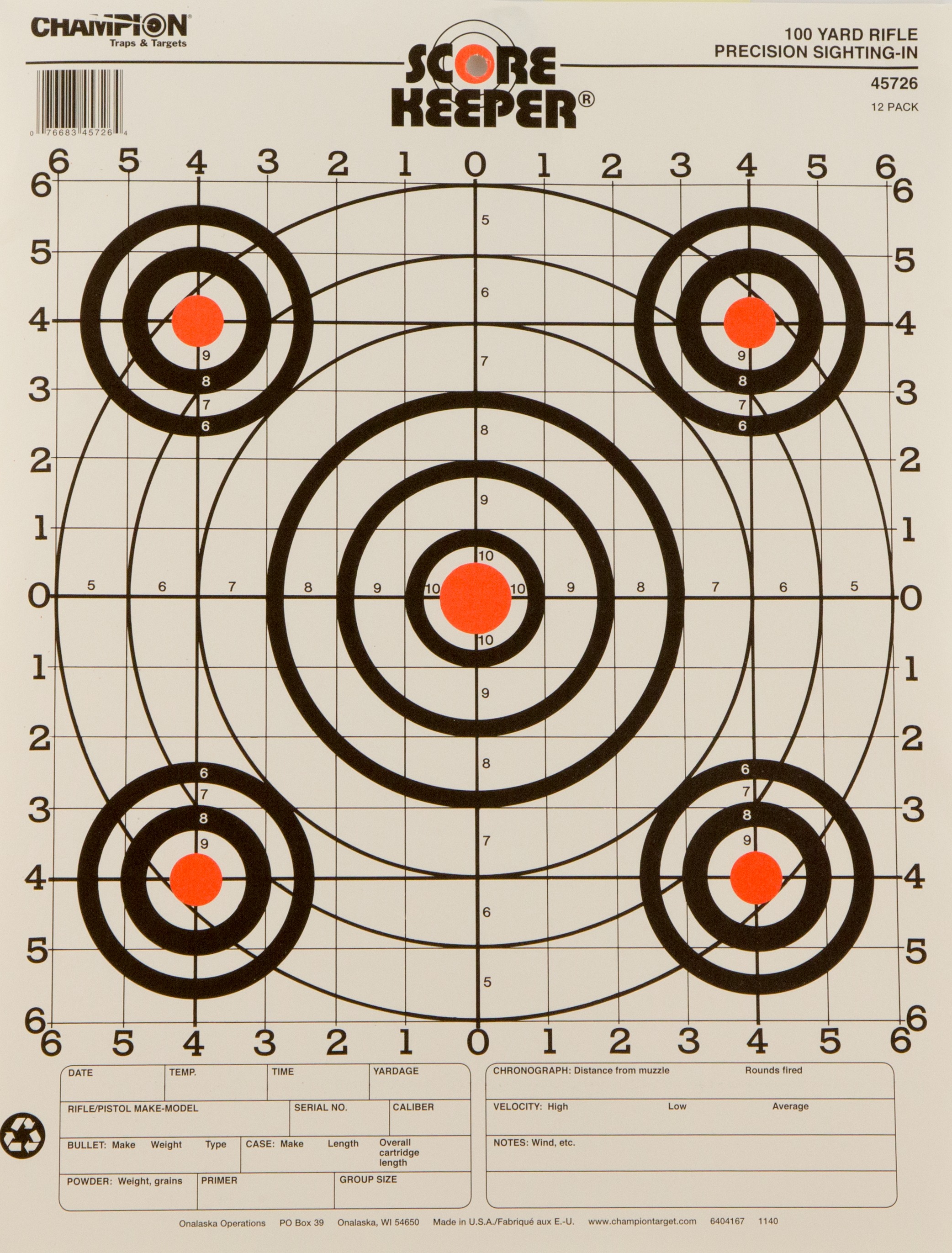 Champion Targets 45726 Score Keeper  Bullseye Paper Hanging 100 yds Pistol/Rifle 14" x 18" Multi-Color 12 PK