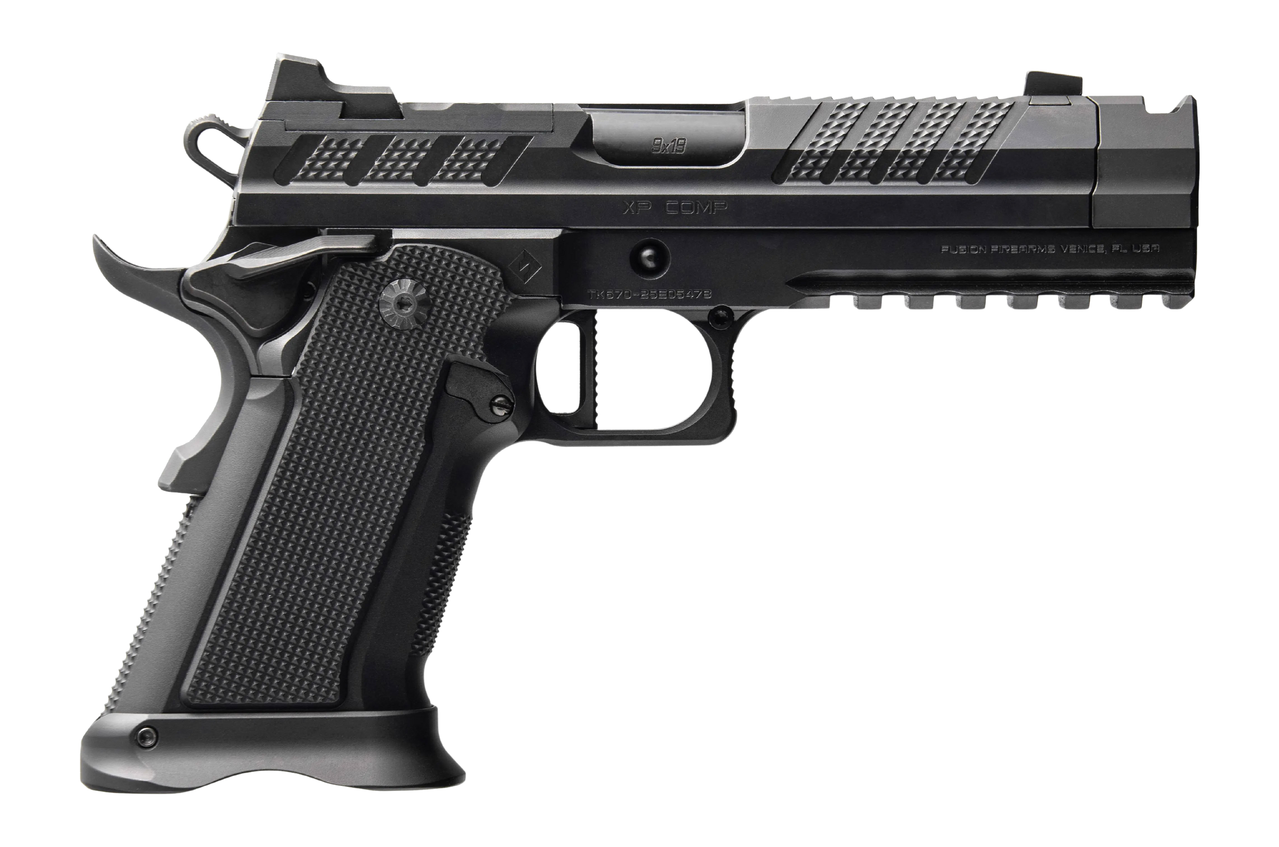 Fusion Firearms XP-COMP-9-BLK-P XP Comp 9mm Luger 17+1 4.60" Black Tennifer Compensated Barrel, Tennifer QPQ Steel Optic Ready/Ported/Serrated Slide &l Frame w/Beavertail & Picatinny Rail, Black Alumi