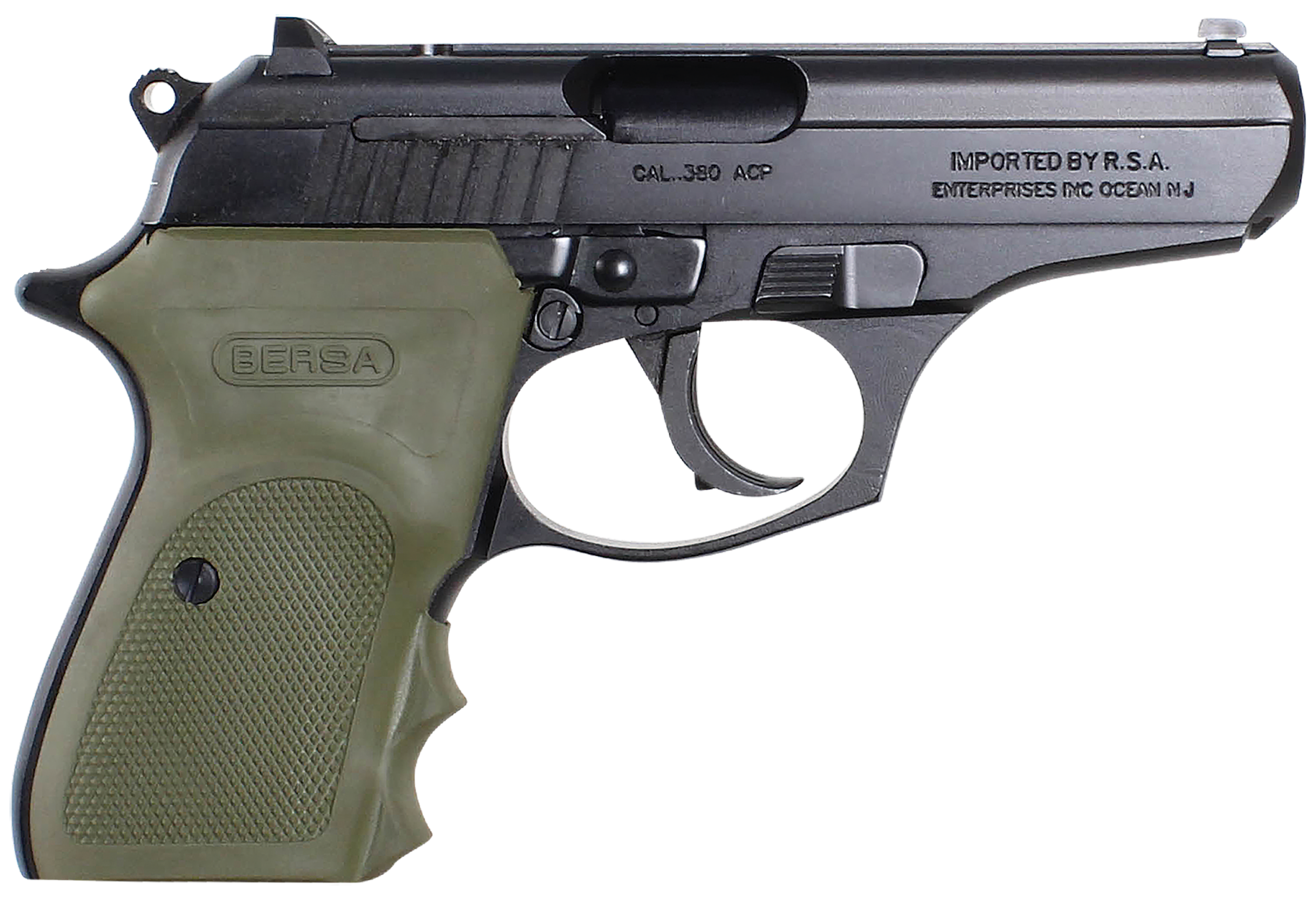Bersa T380MC Thunder Combat Micro-Compact Frame 380 ACP 8+1, 3.50" Black Steel Barrel, Matte Black Serrated Steel Slide & Aluminum Frame w/Beavertail, Olive Wrap-Around Grip