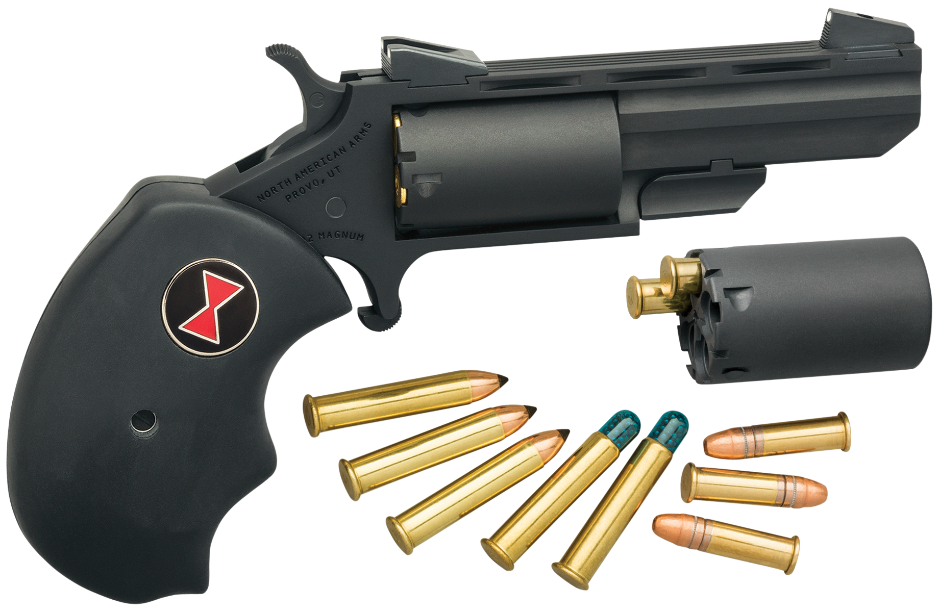 North American Arms BWCCRK Black Widow  22 LR or 22 WMR 5 Shot 2" Vent Rib Barrel, Overall Stainless Finish, Finger Grooved Black Rubber Grip & Fixed Sights Includes Cylinder