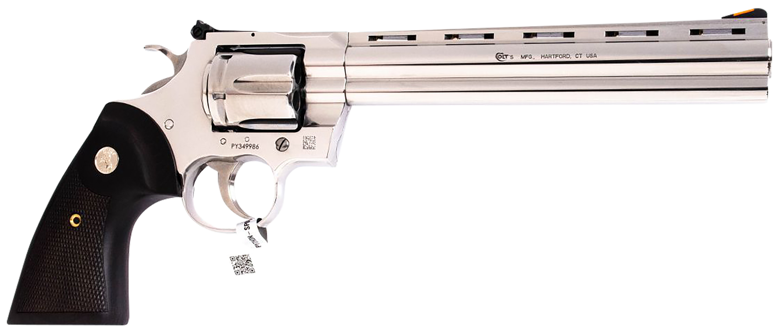 Colt Mfg PYTHONSP8WTS Python 357 Mag/38 Special 6 Shot 8" Polished Stainless Steel Vent Rib Barrel, Cylinder & Frame, Walnut w/Medallion Grip, Exposed Hammer