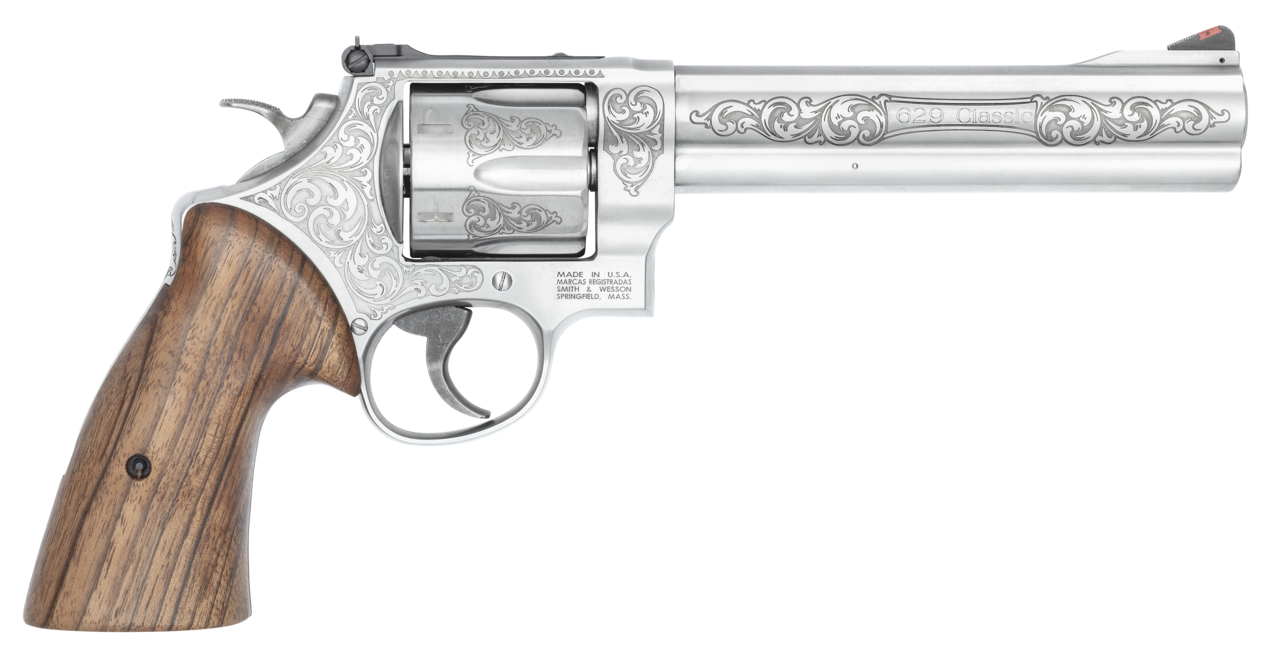 Smith & Wesson 14784 Model 629 N-Frame Large 44 S&W Spl/44 Rem Mag 6 Shot 6.50" Stainless Steel Engraved Barrel, Cylinder & Frame, Tyler Gun Works Bear Hugger Walnut Grip, Exposed Hammer