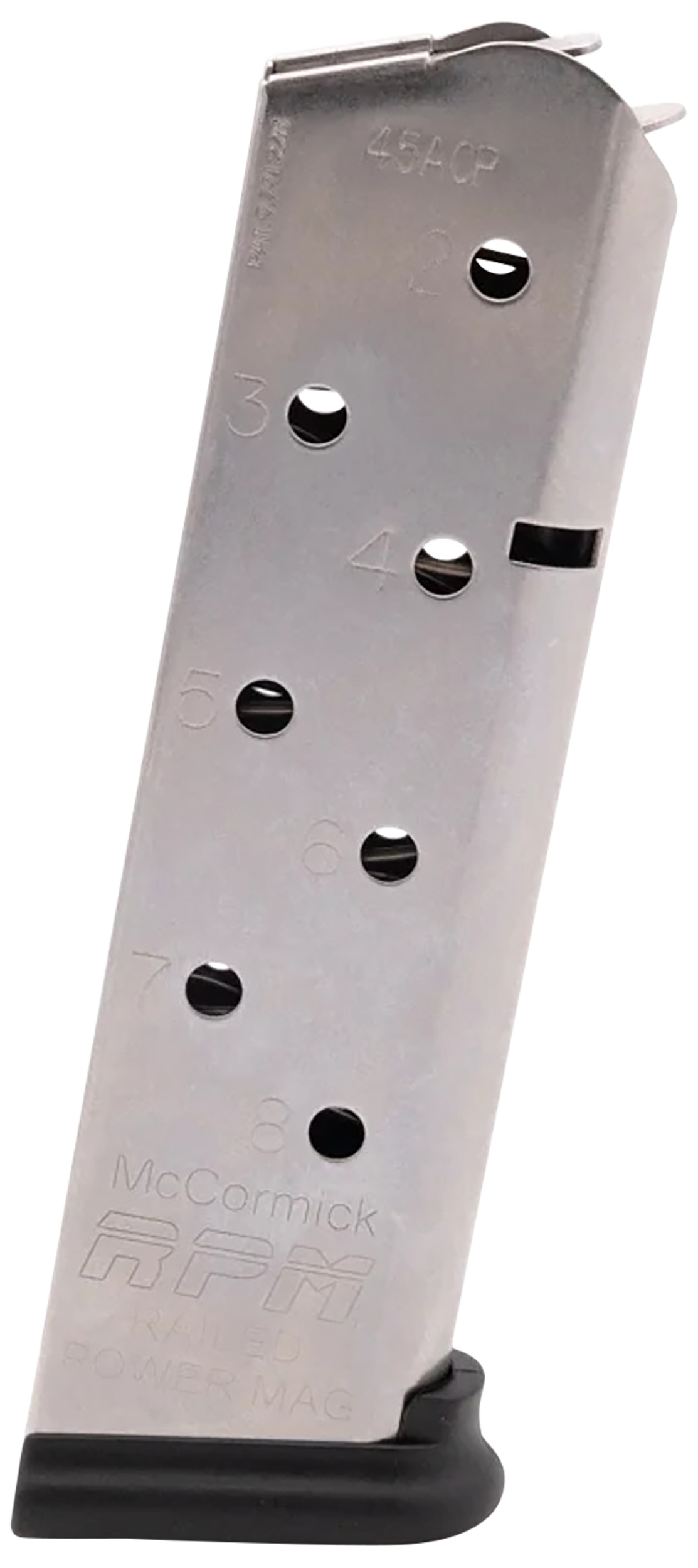 CMC Products 17130 Power Mag Railed 8rd 45 ACP Fits 1911 Government Stainless Steel w/ Black Base Pad