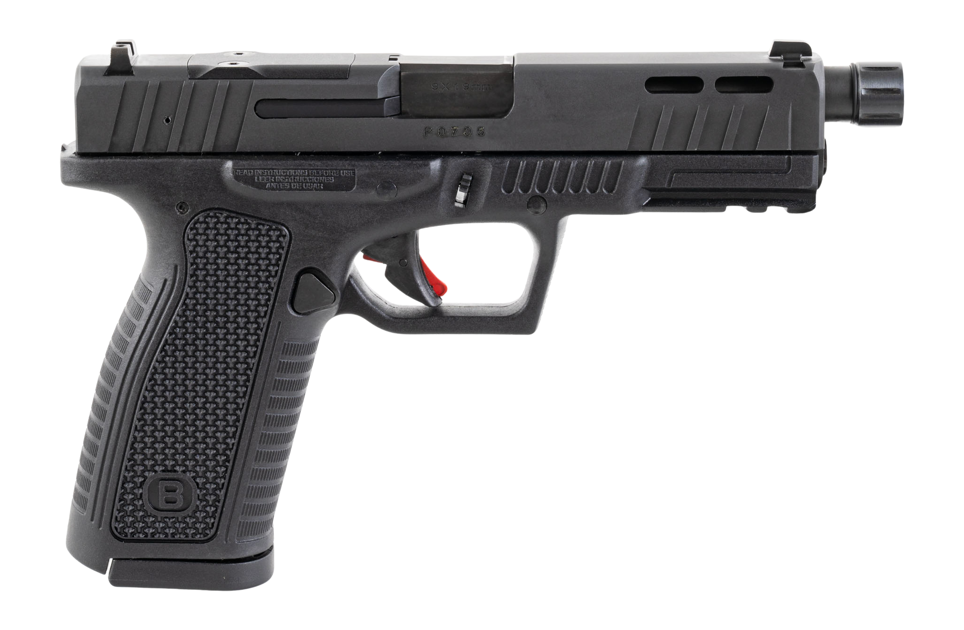Bersa BP9FSMORX BP9 Full Size 9mm Luger 17+1 4.25" Black Threaded Barrel, Matte Black Steel Lightening Cut/Optic Cut/Serrated Slide, Black Polymer Frame w/Picatinny Rail, Hex Textured Grip