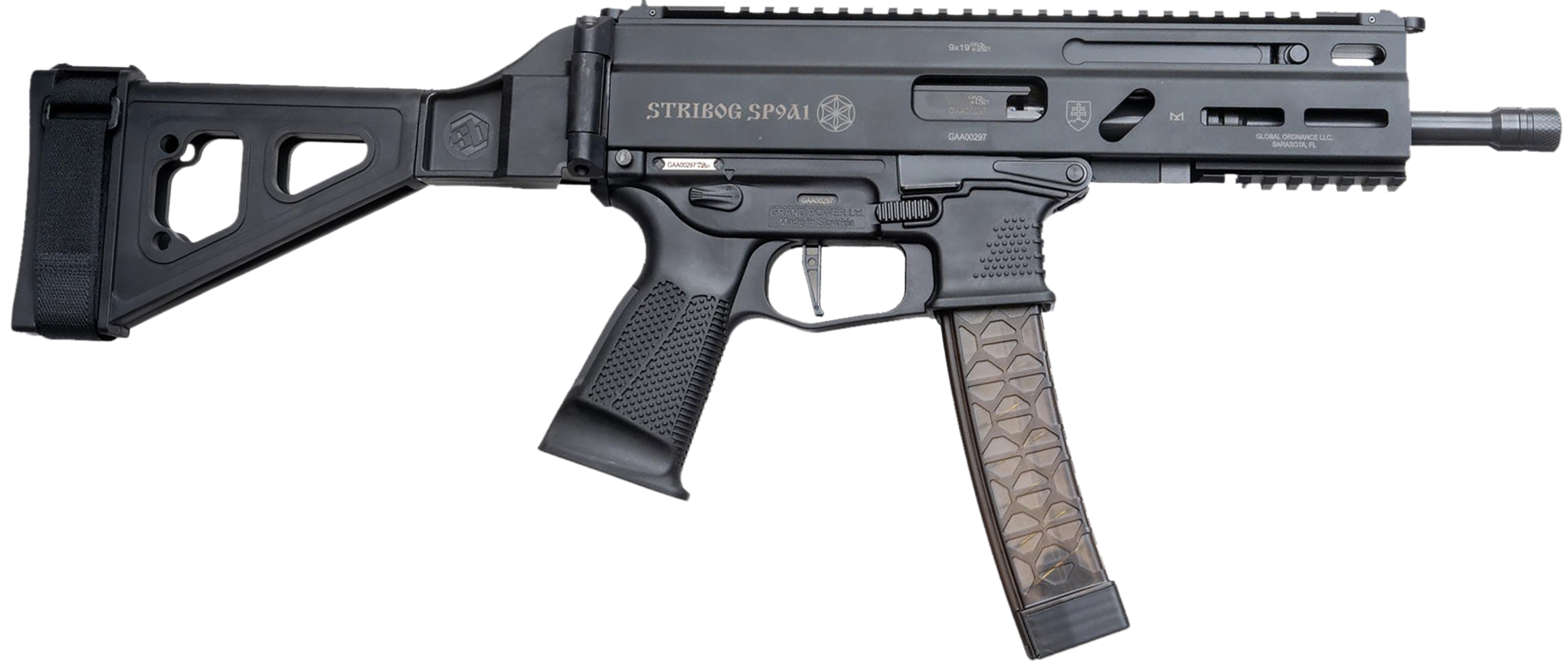 Grand Power 850003223056 SP9A1 Stribog 9mm Luger 30+1 8" Black Threaded Barrel M-LOK Handguard Black Aluminum Picatinny Rail Receiver SB Tactical Brace, Black Polymer Grip, Thread Protector
